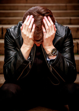 A young man in a black leather jacket sits on steps with his head in his hands, capturing a poignant moment of deep distress, sadness, or heavy contemplation.