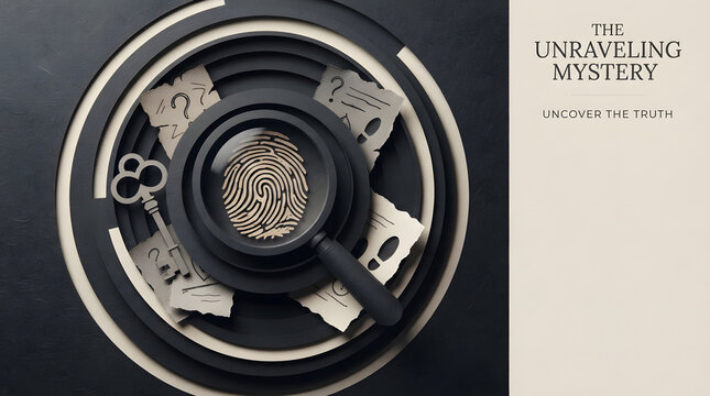 Mystery-themed concept with magnifying glass and fingerprint in dark setting