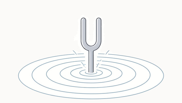 Minimalist illustration of a vibrating tuning fork creating concentric sound waves on a white background