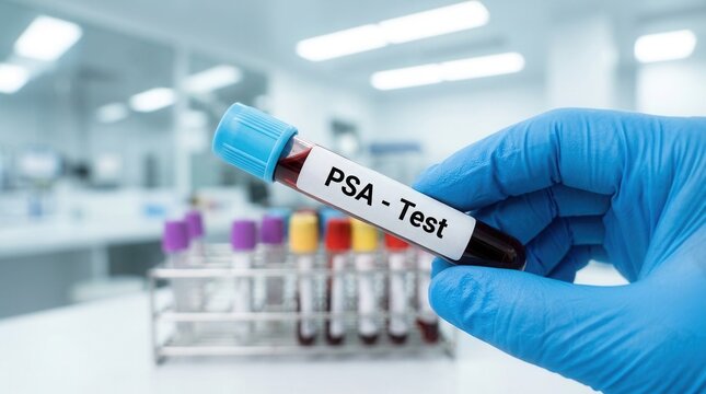 Hand in blue medical gloves holding a tube with a PSA blood test sample for prostate cancer screening