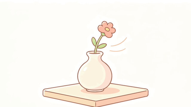 Cute pastel pink flower in white vase on wooden table, minimalist illustration with gentle breeze lines