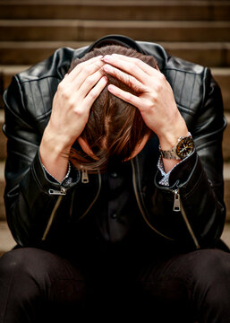 A man in a black leather jacket sits on a set of stairs with his head bowed and hands on his head, conveying a sense of deep contemplation, overwhelming sadness, or personal distress.