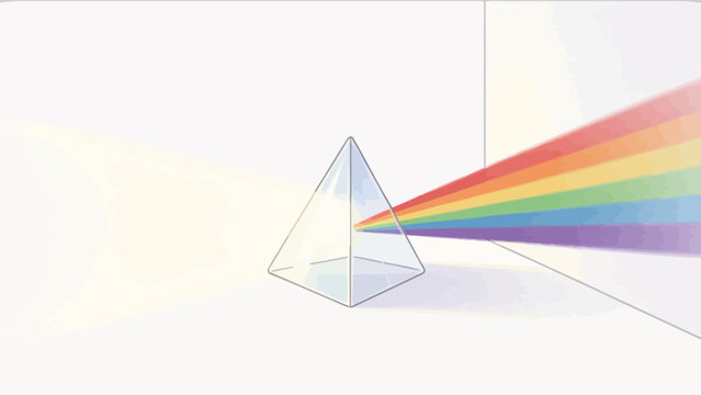 Minimalist 3D illustration of white light passing through a glass pyramid prism to create a vibrant rainbow