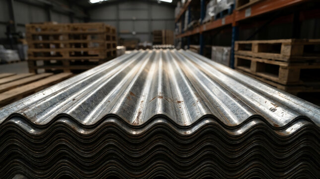 Stacked corrugated metal sheets inside a warehouse, ready for construction or industrial use.