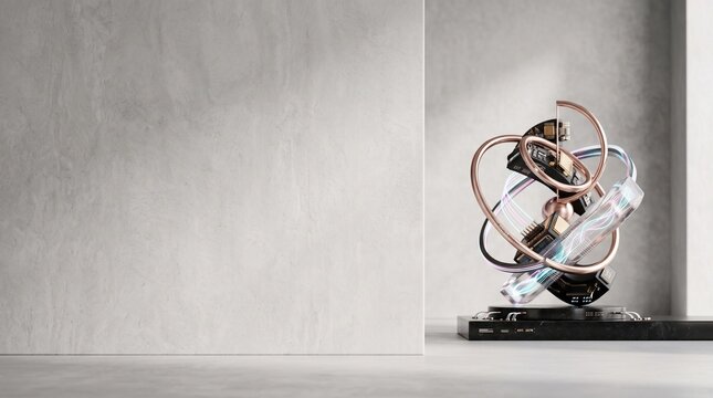 Minimalist professional commercial background featuring a futuristic abstract technology element on the right. Elegant composition with a clean concrete texture and large empty copy space on the left 