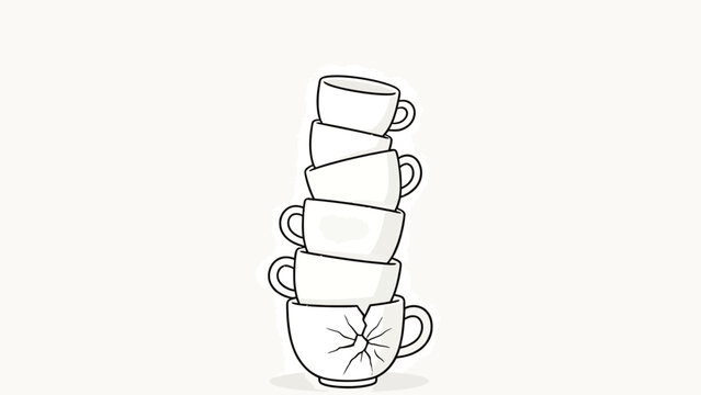 Tall stack of white ceramic cups with one cracked at bottom, minimalist black line art on plain background