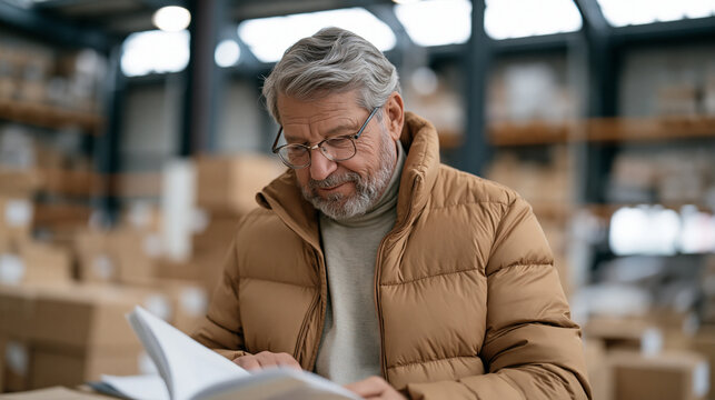 An elderly freight forwarding warehouse supervisor stands in an industrial loading bay examining a disrupted shipment chain, broken packing seals and rerouted cargo manifests