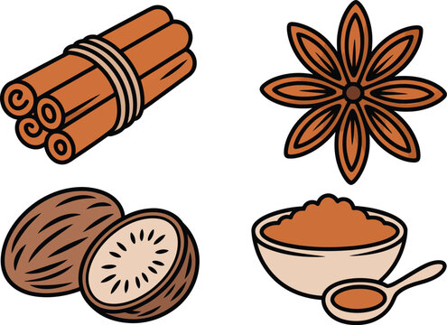 Aromatic baking spice icon set featuring cinnamon sticks star anise nutmeg and ground powder in a bowl with spoon vector illustration