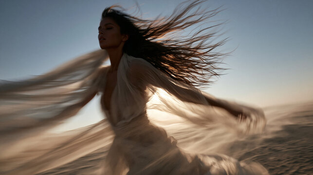 Woman Dancing in Flowing Dress on Desert Sand Dunes