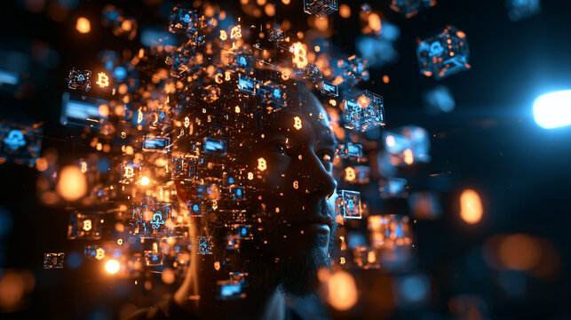 Man Surrounded by Glowing Cryptocurrency and Blockchain Data