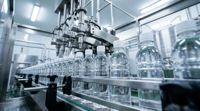 Automated production line filling plastic water bottles in a clean, industrial manufacturing facility.