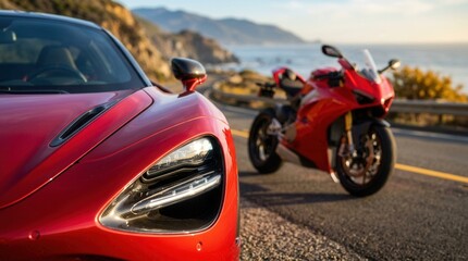 Fototapeta premium Diagonal perspective close-up of a red motorcycle and red sports car highlighting sharp lines and aerodynamic design.