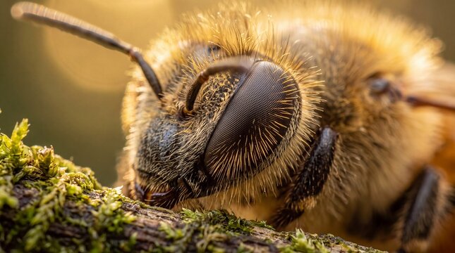 Extreme Macro Portrait of Honey Bee Head on Mossy Branch