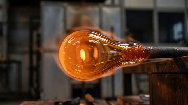 A glowing, molten glass piece is being shaped at the end of a blowpipe in a glassblowing workshop.