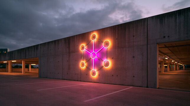 Glowing Neon Geometric Light Installation on Concrete Wall