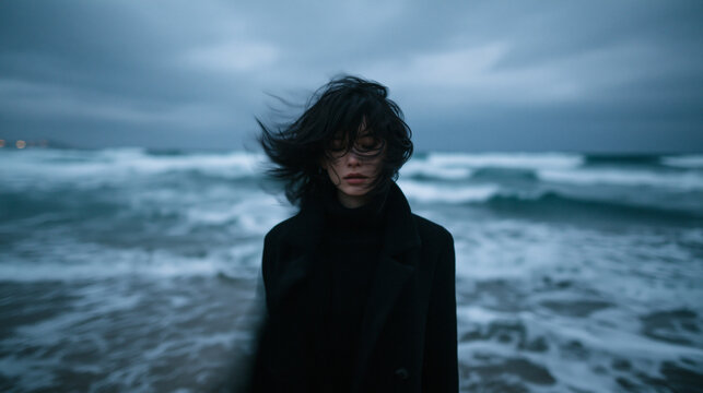 Depressed Young Woman Standing on Stormy Beach