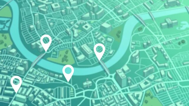 GPS map navigation with location pins and route path moving from right to left, abstract city map, travel tracking and geolocation motion graphics