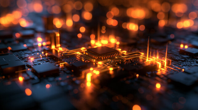 Futuristic Glowing Microchip on Circuit Board Processing Data