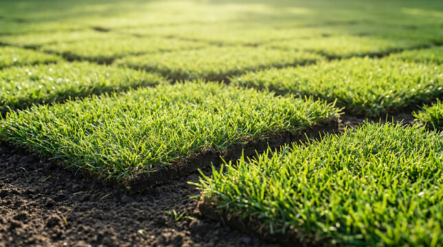 Close-up of fresh green grass patches laid on dark soil, ready for installation in a lawn or garden under natural sunlight.