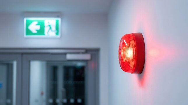 Green exit sign and flashing red emergency alarm beacon installed as an industrial warning alert system in a building hallway.