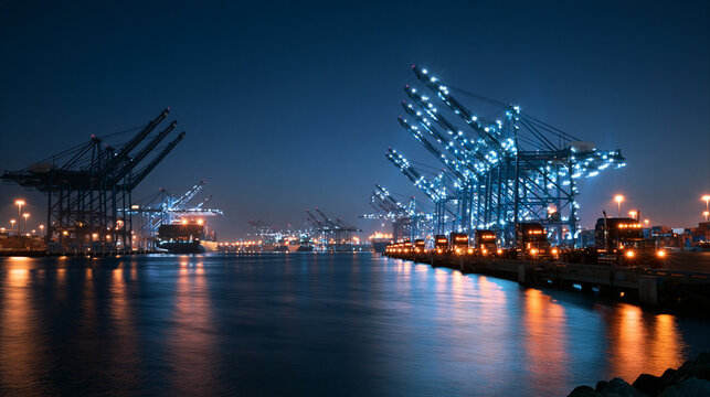 Container Port Terminal with Cranes at Night