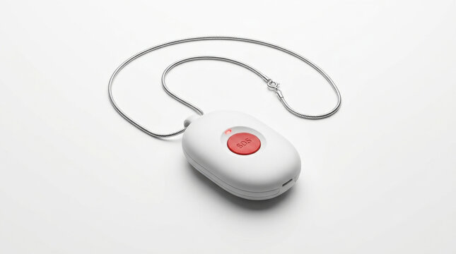 White emergency alert pendant with sos button on silver chain for personal safety offering quick access to help when needed.