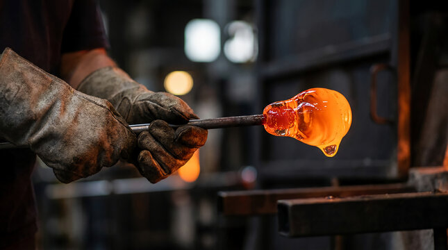 A glassblower shapes molten glass with protective gloves in a workshop, showcasing the craft of glassblowing.