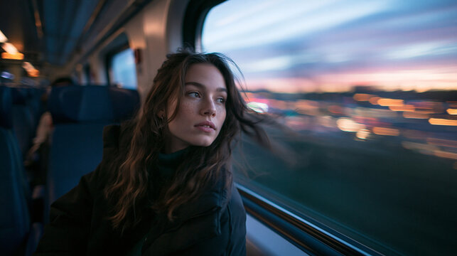 Thoughtful Young Woman Looking Out Train Window at Dusk