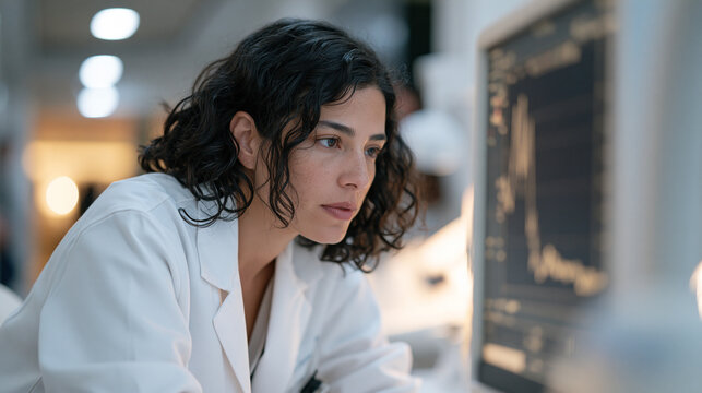 A sonographer leans close to a monitor in a twilight lit clinical observation area, the blue hour glow from the hallway catching the texture of her focused expression in an