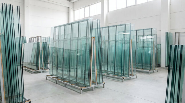 Stacks of large glass panels neatly arranged inside a spacious, well-lit industrial warehouse.