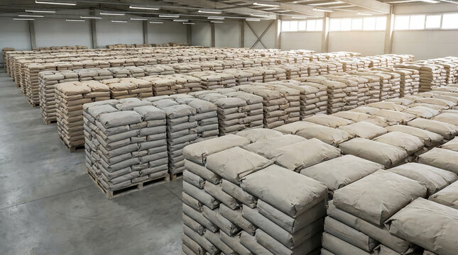 Large industrial warehouse filled with neatly stacked cement bags arranged in multiple rows on pallets.