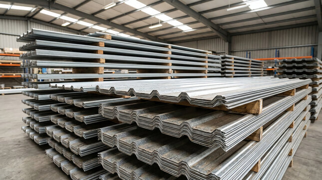 Stacked corrugated metal sheets neatly arranged inside a spacious industrial warehouse with high ceilings and metal beams.