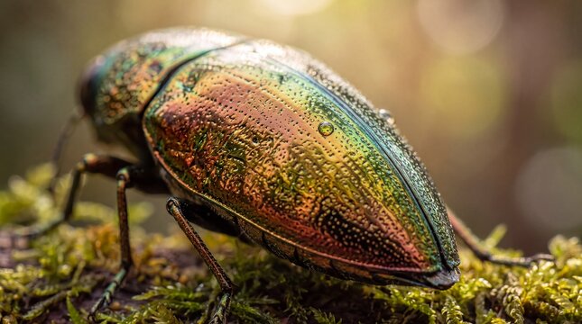 Metallic Jewel Beetle with Iridescent Shell Macro Close-up