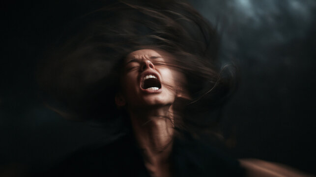 Desperate Woman Screaming with Flying Hair in Darkness