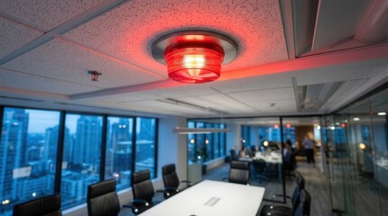 Fototapeta premium Office meeting space with contemporary conference room interior, ergonomic chairs, and glass walls during a red emergency light flashing event