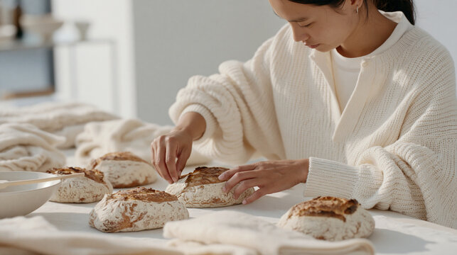 A knitwear designer in a sterile white studio lays out a pattern of artisan bread loaves alongside wool swatches, her hands mid-process arranging both elements as if designing a
