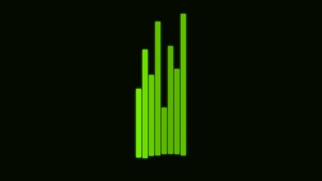 Dynamic motion of green audio equalizer bars in a digital sound visualization video.