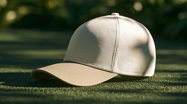 A photorealistic minimalist fashion product photograph of a plain two-tone baseball cap resting on a textured green outdoor surface