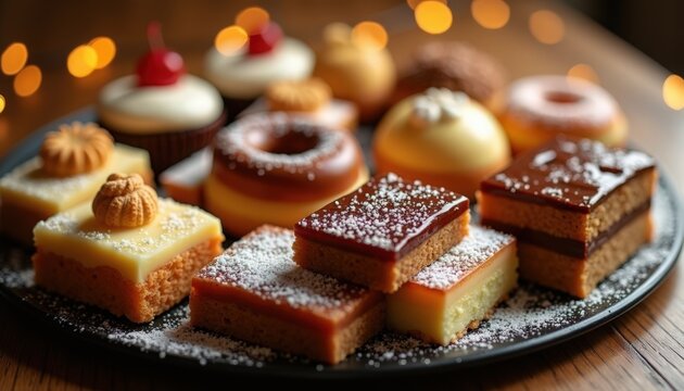 Dessert assortment on rustic serving plate with petit fours, mini layered cakes glazed with caramel and jam, powdered sugar and nut toppings, chocolate accents and elegant bite sized pastries,
