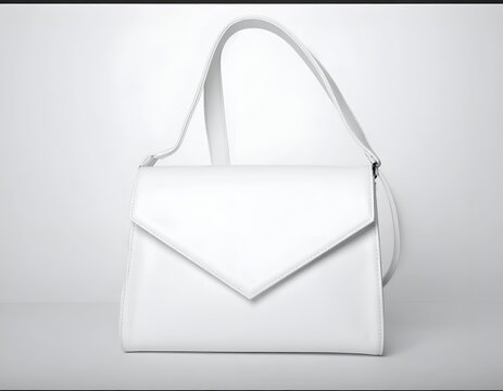 Structured white leather envelope handbag against grey background.