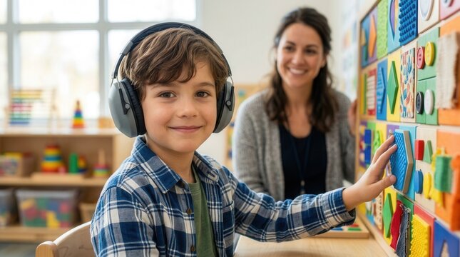 Child in noise-canceling headphones interacting with colorful sensory wall panels in a special needs classroom with a patient aide.