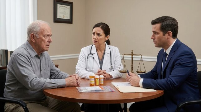 Patient claim and medical malpractice review session featuring three people at a table with documents, coffee, and professional attorney advice.