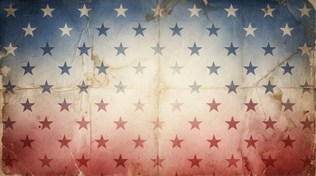 Red and blue colors with stars on a distressed paper texture for a vintage American flag pattern background and Independence Day.