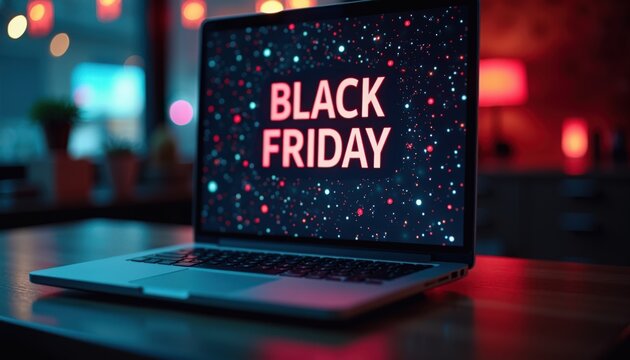 Black Friday laptop display showing bold sale message with sparkles and neon bokeh, close-up of open notebook computer on counter with colorful lights and reflective confetti,