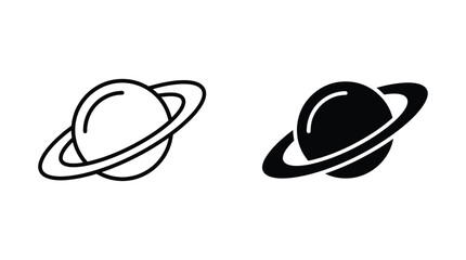 Set of two planet icons with rings in outline and solid black styles. © Mohammad