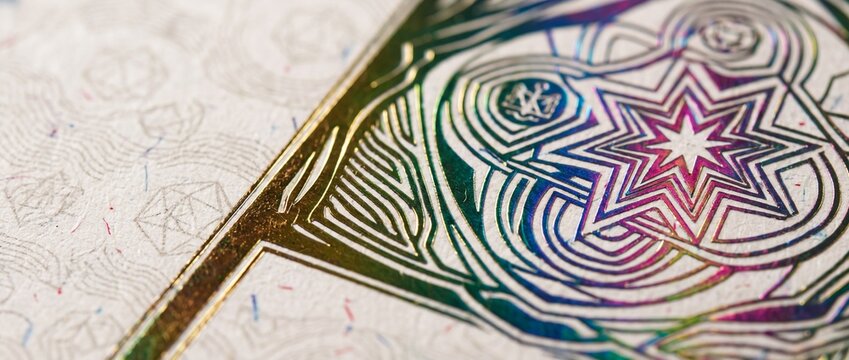 Intricate holographic foil stamping displays colorful star pattern on textured banknote paper for advanced anti counterfeit document protection