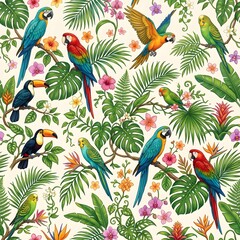 Tropical parrot seamless pattern, colorful exotic birds and jungle leaves, vibrant botanical wallpaper for textile design © Mafia