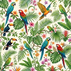 Tropical parrot seamless pattern, colorful exotic birds and jungle leaves, vibrant botanical wallpaper for textile design © Mafia