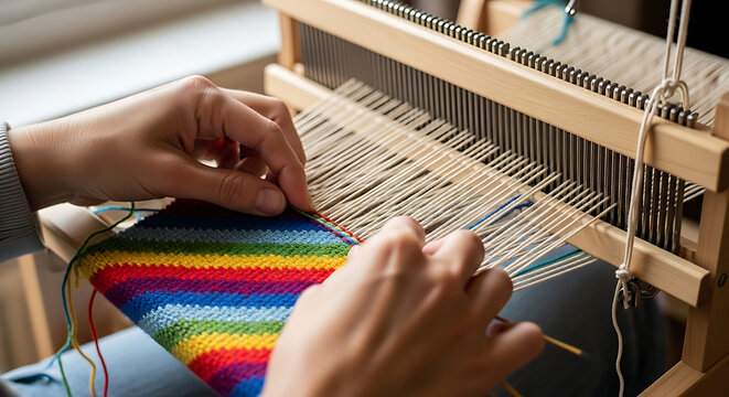 Person knitting colorful yarn on wooden needles
