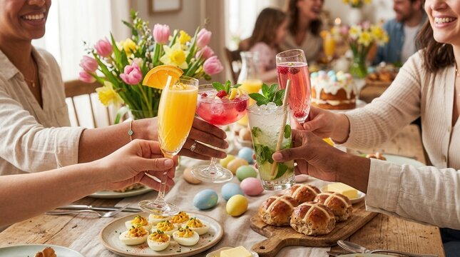 Friends enjoy an Easter brunch celebration with traditional food and colorful eggs, toasting festive drinks at a beautifully decorated holiday table.